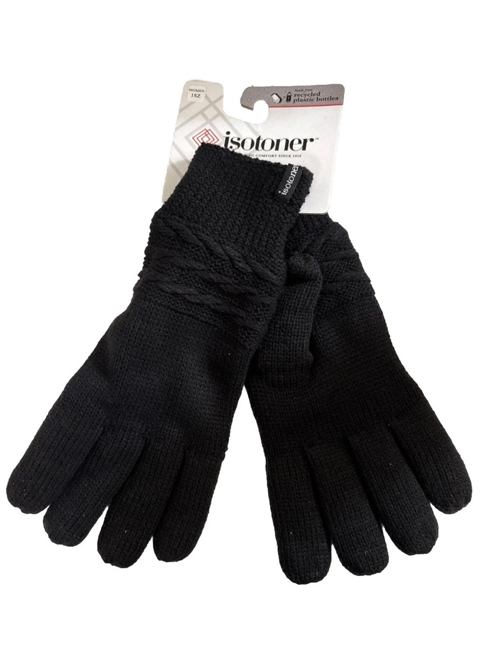 Isotoner Cable Stripe Knit Gloves Black Women One Size